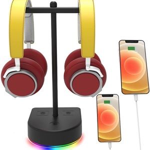 RGB Dual Headphone Stand with USB Charging Port NEW
